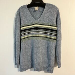 Women’s L 26/28 Essentials by Maggie Y2K Blue V-Neck Sweater‎ with Stripes EUC